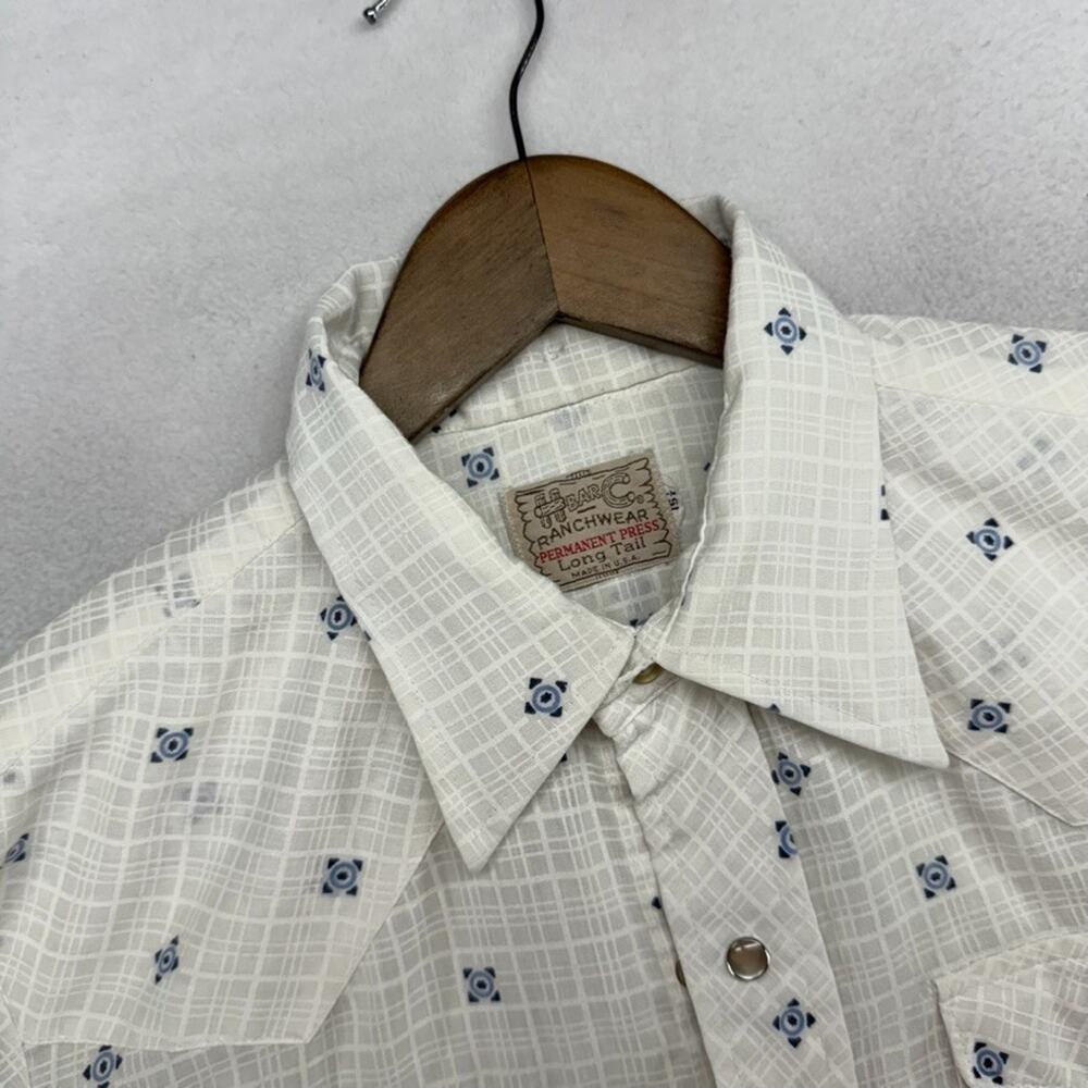 Vintage H Bar C Shirt men's 15.5 Medium White Blue Geometric Long Tail USA 70s
